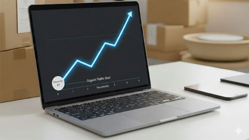 SEO対策による検索順位とアクセス数の成長イメージグラフ"