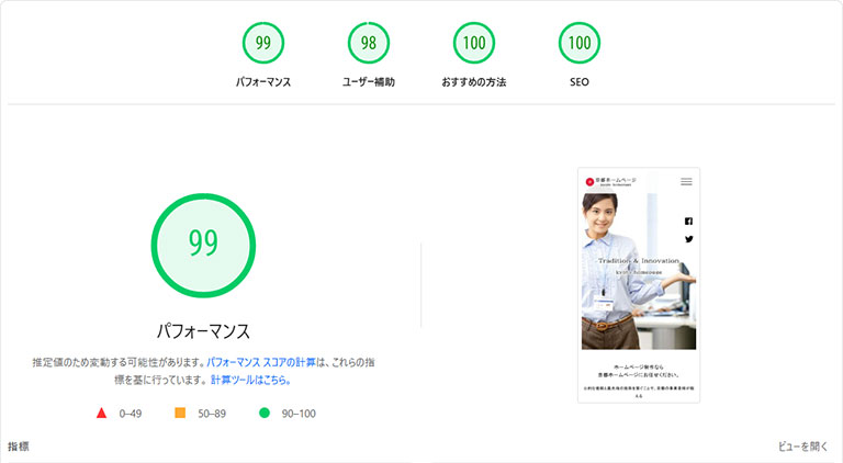 PageSpeed Insightsでモバイル環境99点を達成したスコア画面のキャプチャ