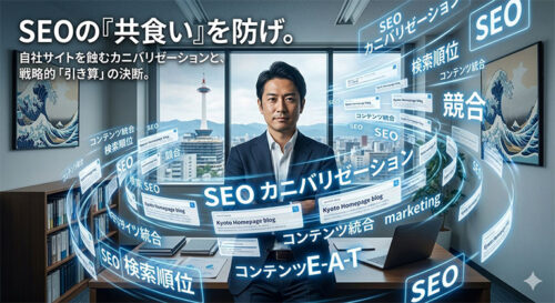 SEOのカニバリゼーション（キーワードの共食い）を解説する山口研二のアイキャッチ画像。自社サイト内の重複コンテンツを統合・削除し、検索順位を最適化する戦略的引き算の重要性を表現。