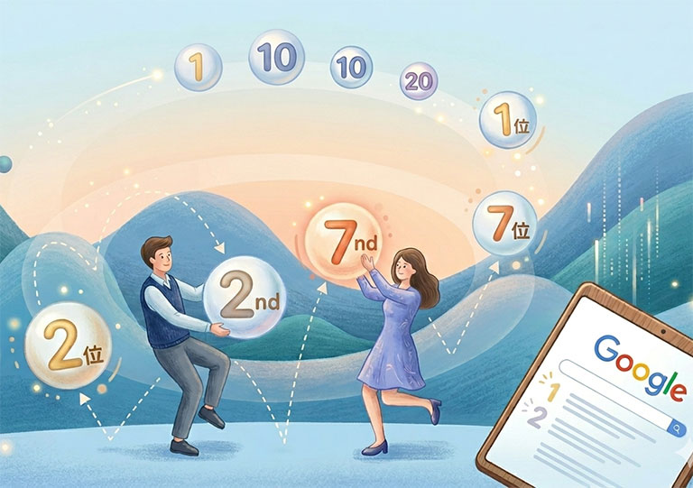 「京都ホームページ制作」Googleダンス解説記事のアイキャッチ画像。男女がGoogle検索結果の上で順位(2nd、7th)と共にダンスしているポップなイラスト。