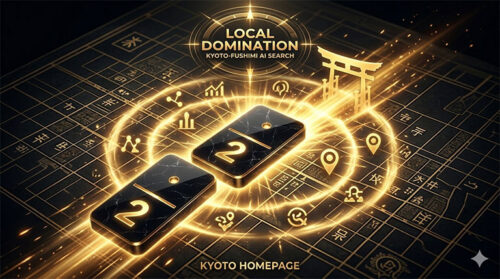 京都ホームページ提供：ドミノ・アクセルVol.2「ローカル・ドミネーション」。京都・伏見の地域性を活かしてAI検索やマップ検索でトップ回答を勝ち取る地域制覇戦略のイメージ画像。