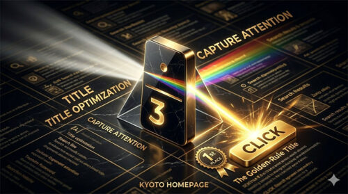 京都ホームページ提供：ドミノ・アクセルVol.3「CTRエッジ」。検索結果の2ページ目からでも1位のクリックを奪う、心理学に基づいたタイトルの黄金律を解説するイメージ画像。