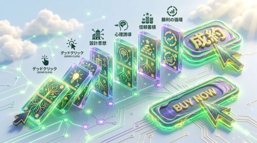 宝石のように輝く複数のドミノが光の回路で連結されているイラスト。点ではなく線で成約へ導くドミノコンバージョンの設計思想を表現。