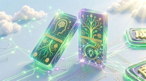 ドミノに星や金塊のアイコンが描かれ、信頼が層となって積み重なるイラスト。接触回数によって科学的に信頼を構築するザイオンス効果を表現。