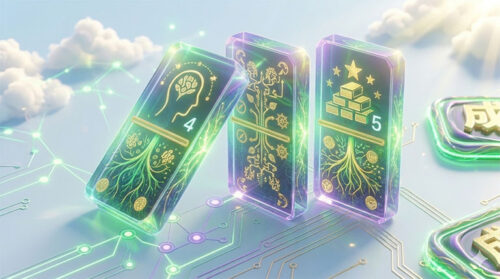 ドミノに脳の回路図が描かれ、光の矢印が深層心理へ突き刺さるイラスト。読者の心を動かし行動を促す高度なライティング戦略を象徴。