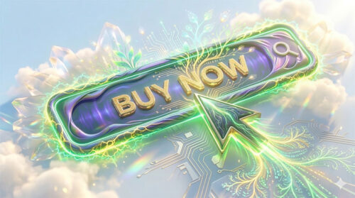 明るい光に満ちた背景の中で、エメラルドグリーンに輝く「BUY NOW」ボタンとマウスカーソルのイラスト。成約に直結する良質なアクセスを象徴。