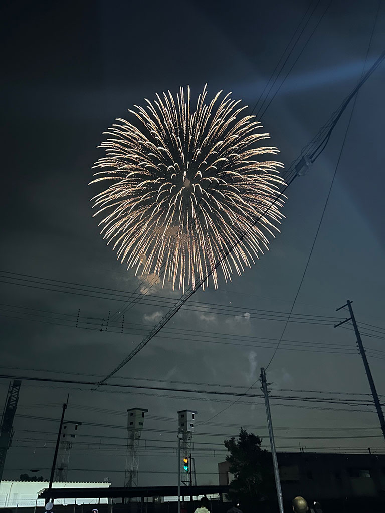 2024年に撮影された京都芸術花火。伏見区の事務所付近の夜空に、大きく広がる大輪の花火。