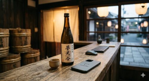 「京都伏見の酒蔵カウンターに置かれた、スマホ、日本酒ボトル『夢見今（ユメミコン）』、お猪口、そして奥に見えるキーボードとマウス。酒フェスとWeb制作の融合をイメージしたシンプルな風景。」