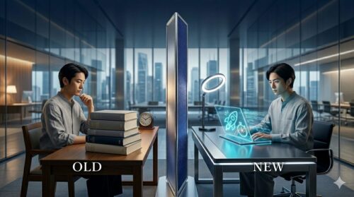 2026年3月Googleコアアップデートの概念図。左側に従来の「網羅性(本)」、右側に新基準の「即答性(光るタブレットとロケット)」を配置し、SEOの評価基準が量から質へシフトすることを表現した写真。