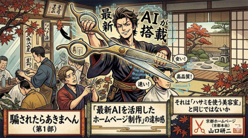 最新AIを活用したホームページ制作の違和感をハサミを持つ美容師に例えたイラスト：騙されたらあきまへん（第1部）