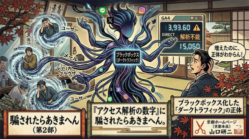 ブラックボックス化したダークトラフィックとアクセス解析の正体を表現したイラスト：騙されたらあきまへん（第2部）