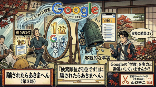 Googleのパーソナライズ検索による検索順位の誤認と客観的事実の違いを表現したイラスト：騙されたらあきまへん（第3部）