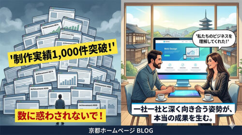 「制作実績の数」に圧倒される左側のイメージと、対照的に「一対一で深く向き合い成果を追求する」右側のシーンを描いた、Web制作会社選びの新基準を象徴する比較イラスト。
