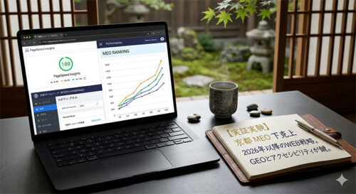 京都の和室にあるデスクに置かれたノートパソコンの画面。左側にはPageSpeed Insightsのスコア100点、右側にはMEO順位が上昇するグラフが表示されている。手前のノートには「【実証実験】京都 MEO 下克上。2026年以降のWEB戦略。GEOとアクセシビリティが鍵。」と書かれており、プロの技術者がMEOの現状に挑む決意を表現している。