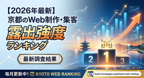 京都のホームページ制作・Web集客における検索露出強度ランキングのレポート画像。最新の調査結果に基づいた上位10社の勢力図。